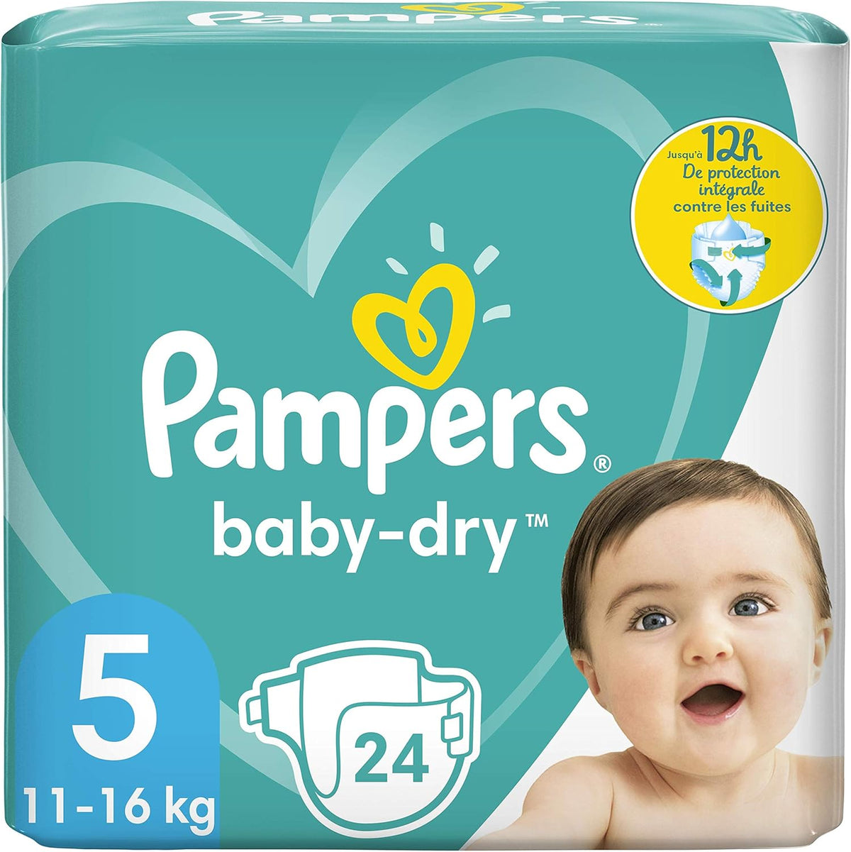 Couches Pampers pour bébés taille 5 (11-16 kg), 24 pièces, jusqu'à 12 heures de protection contre les fuites