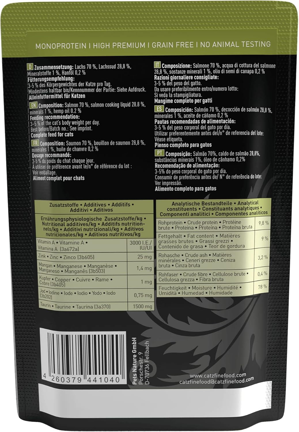 Nourriture humide pour chats Catz Finefood Purrrr avec monoprotéine et saumon no. 105, pour chats à digestion sensible, 16 x 80 g