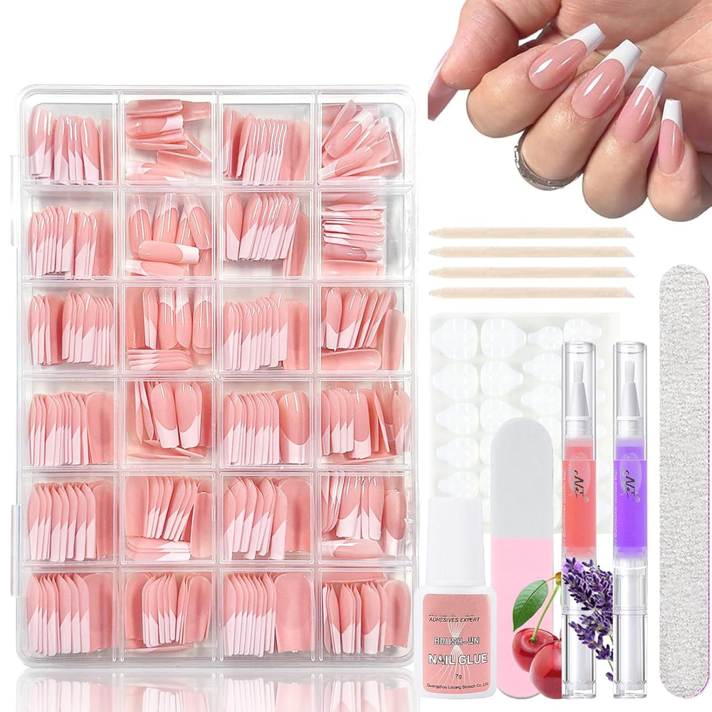 Ensemble de faux ongles ballerine dégradé 360 pièces, ongles artificiels à coller dégradé blanc rose avec 2 stylos à huile pour ongles, faux ongles moyens ombrés pour femmes à faire soi-même