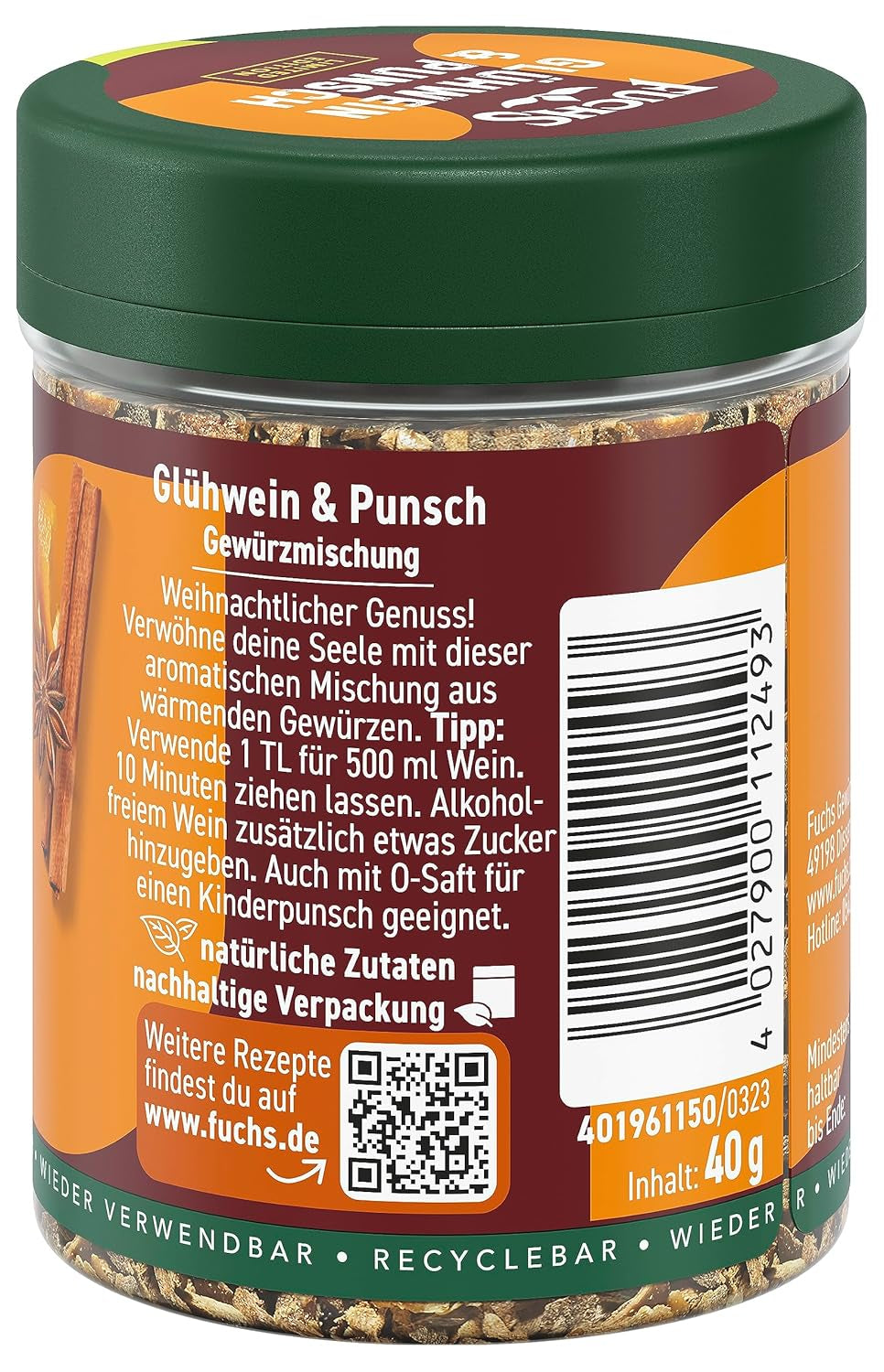 Fuchs Gewürze - Glühwein und Punsch Gewürz - Weihnachtliche Gewürzmischung für Wein und Punsch - aus natürliche Ingrédient - 40 g en dose variable, recyclable