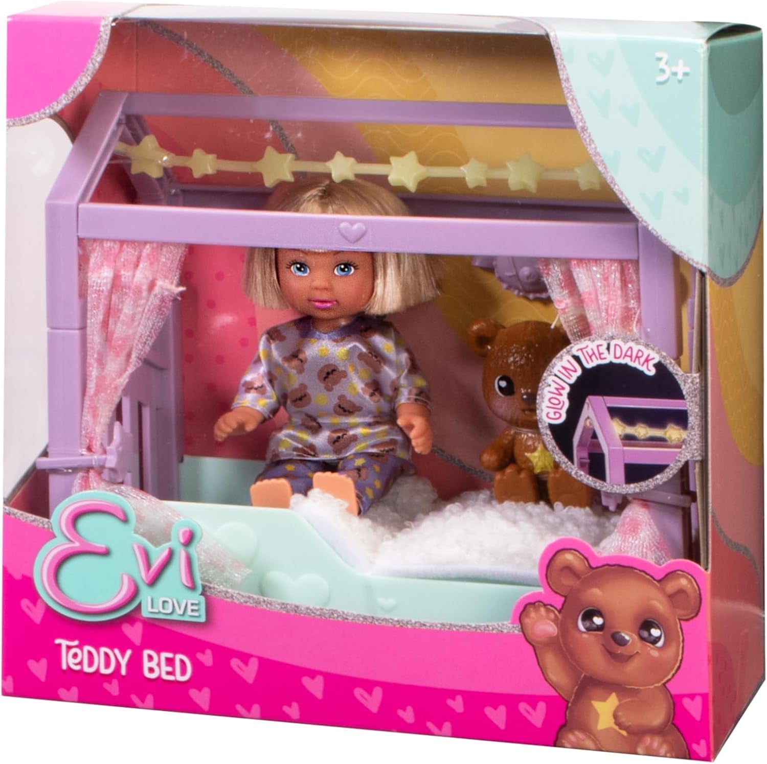 Simba Evi Love Teddy Bed, Spielpuppe im Schlafanzug mit Schlafmaske, Flauschiger Decke, Teddy und Bett mit Glow in the Dark, 12cm, ab 3 Jahren