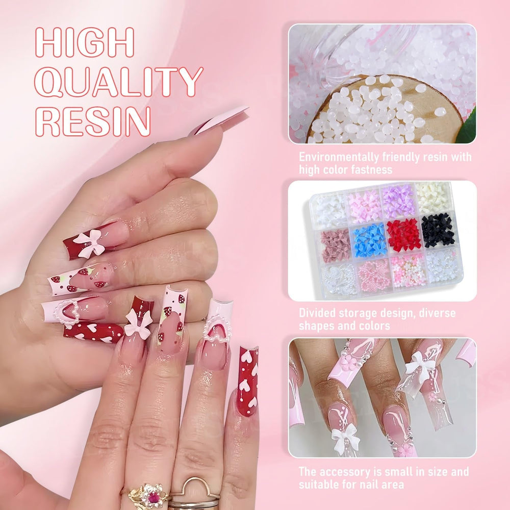 Décorations d'art d'ongle 3D, 1 boîte de breloques d'art d'ongle, breloques d'art d'ongle de coeur de fleur de style mixte, décorations d'art d'ongle en résine, pour décorations d'art d'ongle, accessoires de bricolage
