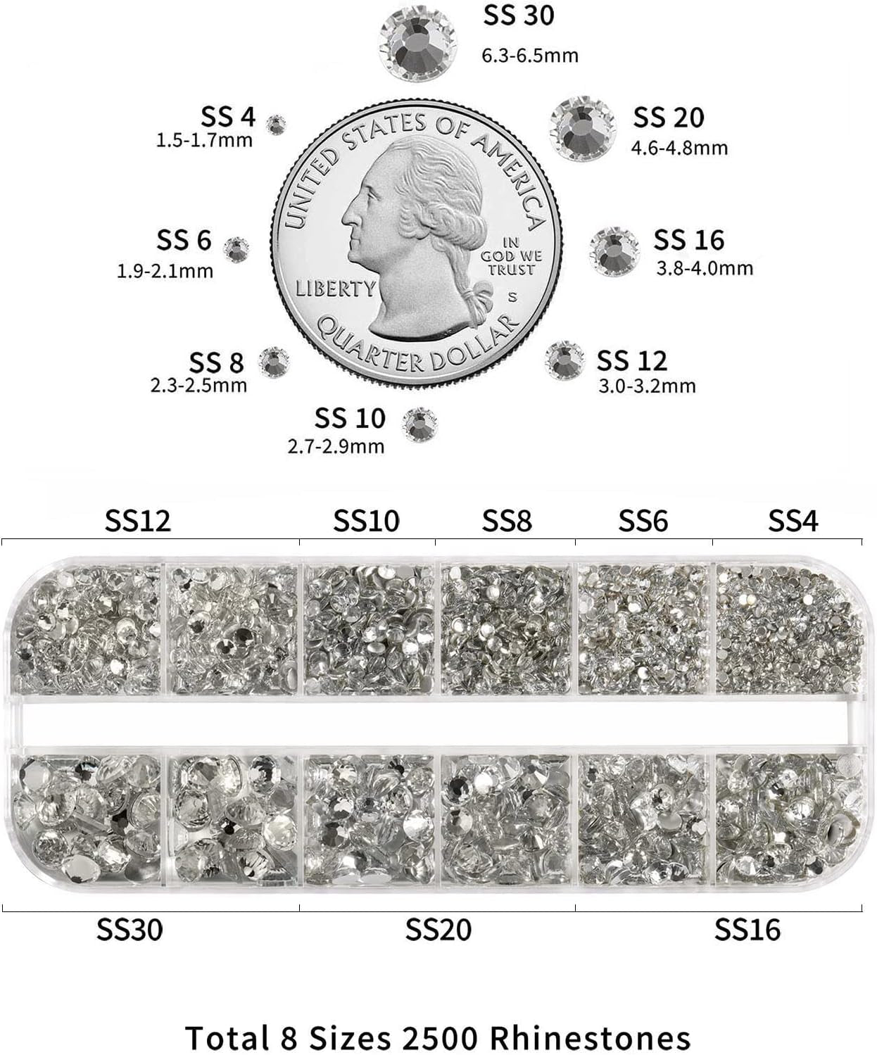 Beadland 2500Pcs Verre Nailart Strasssteine ​​​​Kristall Flatback Edelsteine ​​​​Runde, ​​​​pour Handwerk Gemischt 8 Größen SS4 ~ SS30 Mit Picking Pinzette Und Stift (Kristall Weiss)