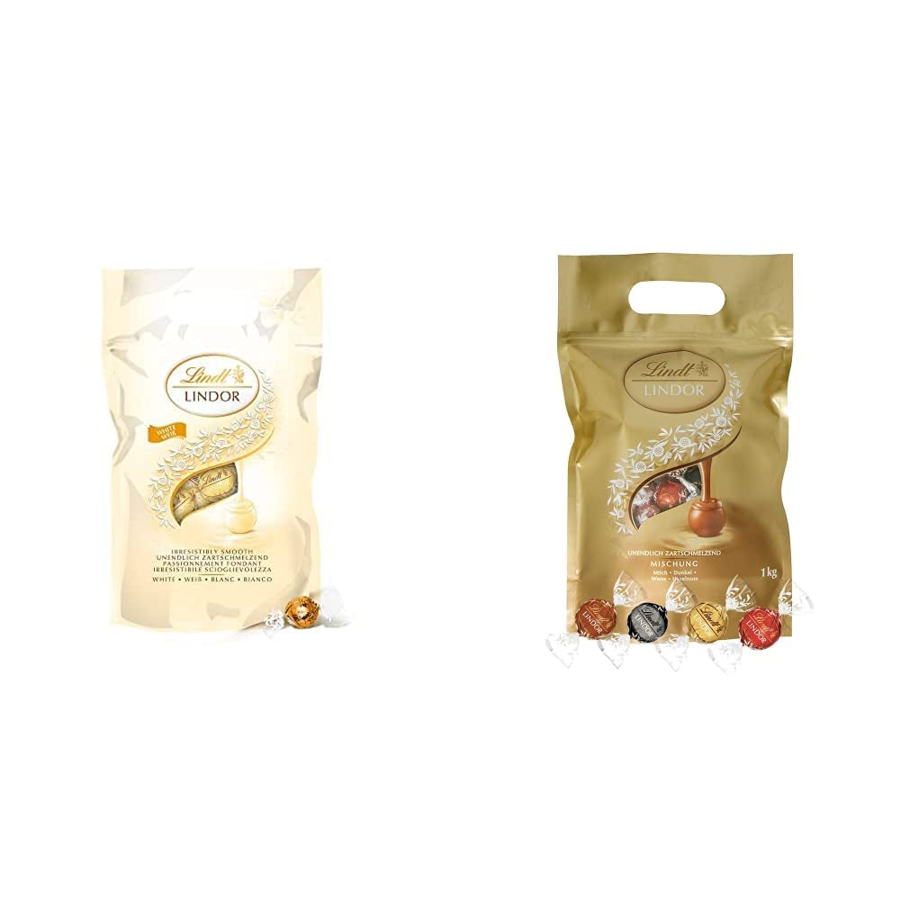 Boules de chocolat blanc LINDOR, 1 kg et LINDOR | Sac refermable de 1 kg | env. 80 boules de chocolat au lait fourrées à la menthe | Colis vrac, cadeau praliné, cadeau chocolat