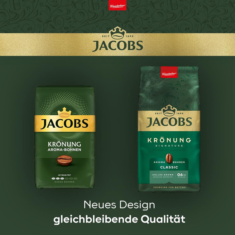 Jacobs Krönung Aroma Beans Classic, saveur pleine, noix, notes d'agrumes, grains Arabica & Robusta, intensité 6/10, idéal pour le café classique Cafea Naty Shop