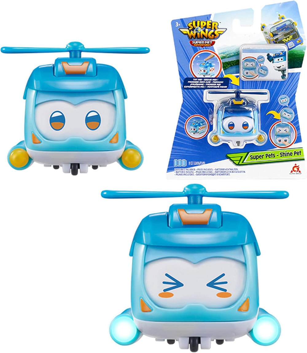 Super Wings Super Pets 4 PCS Shine, Golden Boy, Jerome, Ellie Expression faciale commutable Effet foudre Jouet portable pour 3 4 5 6 7 8 ans Garçon Fille Figurines d'action 2 pouces Naty Shop Shine