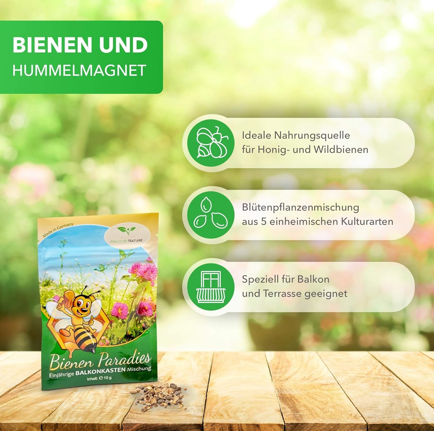 Magic of Nature Balcony Box Mix - 10 g de graines - Plantes respectueuses des abeilles - Facile à utiliser - Bee Paradise - 5 espèces cultivées indigènes - Convient aux bacs à fleurs et aux jardinières