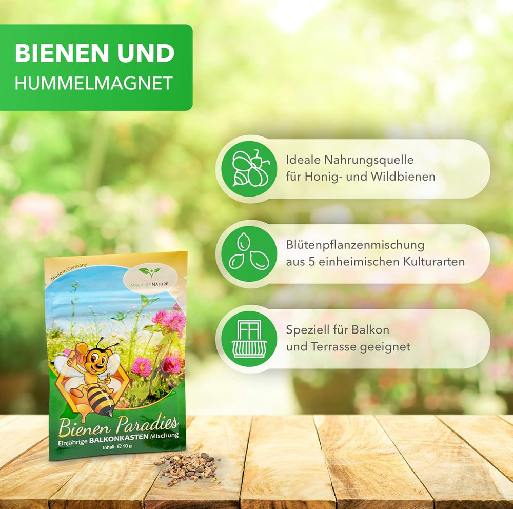 Magic of Nature Balcony Box Mix - 10 g de graines - Plantes respectueuses des abeilles - Facile à utiliser - Bee Paradise - 5 espèces cultivées indigènes - Convient aux bacs à fleurs et aux jardinières