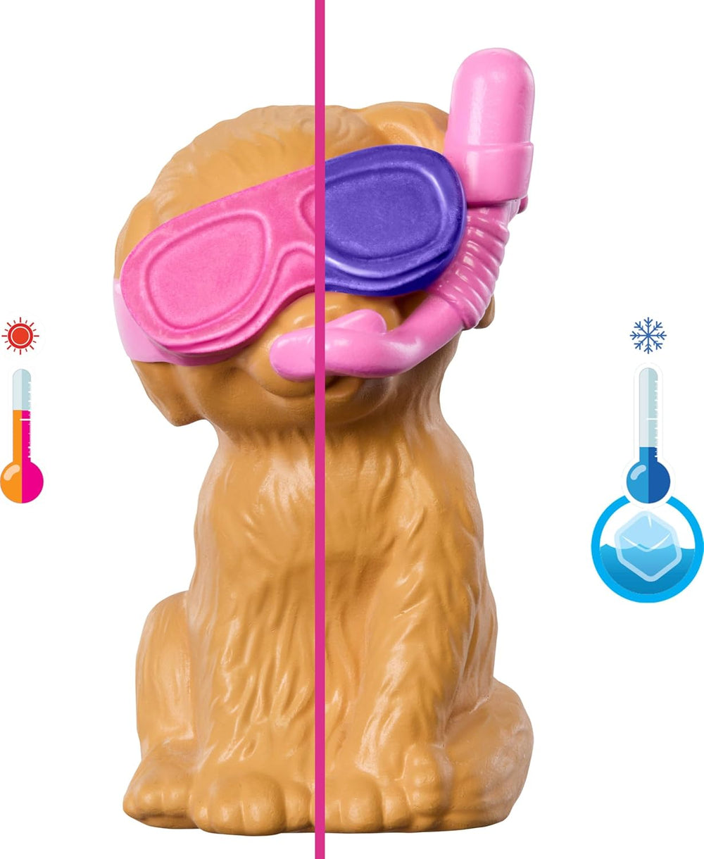 Barbie Puppy Pool Party Playset avec poupée tendance, niche pour chien et toboggan, piscine en forme de cœur, 2 figurines de chien, 6 accessoires et changeur de couleur, JBF35
