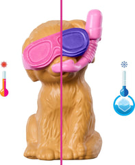 Barbie Puppy Pool Party Playset avec poupée tendance, niche pour chien et toboggan, piscine en forme de cœur, 2 figurines de chien, 6 accessoires et changeur de couleur, JBF35