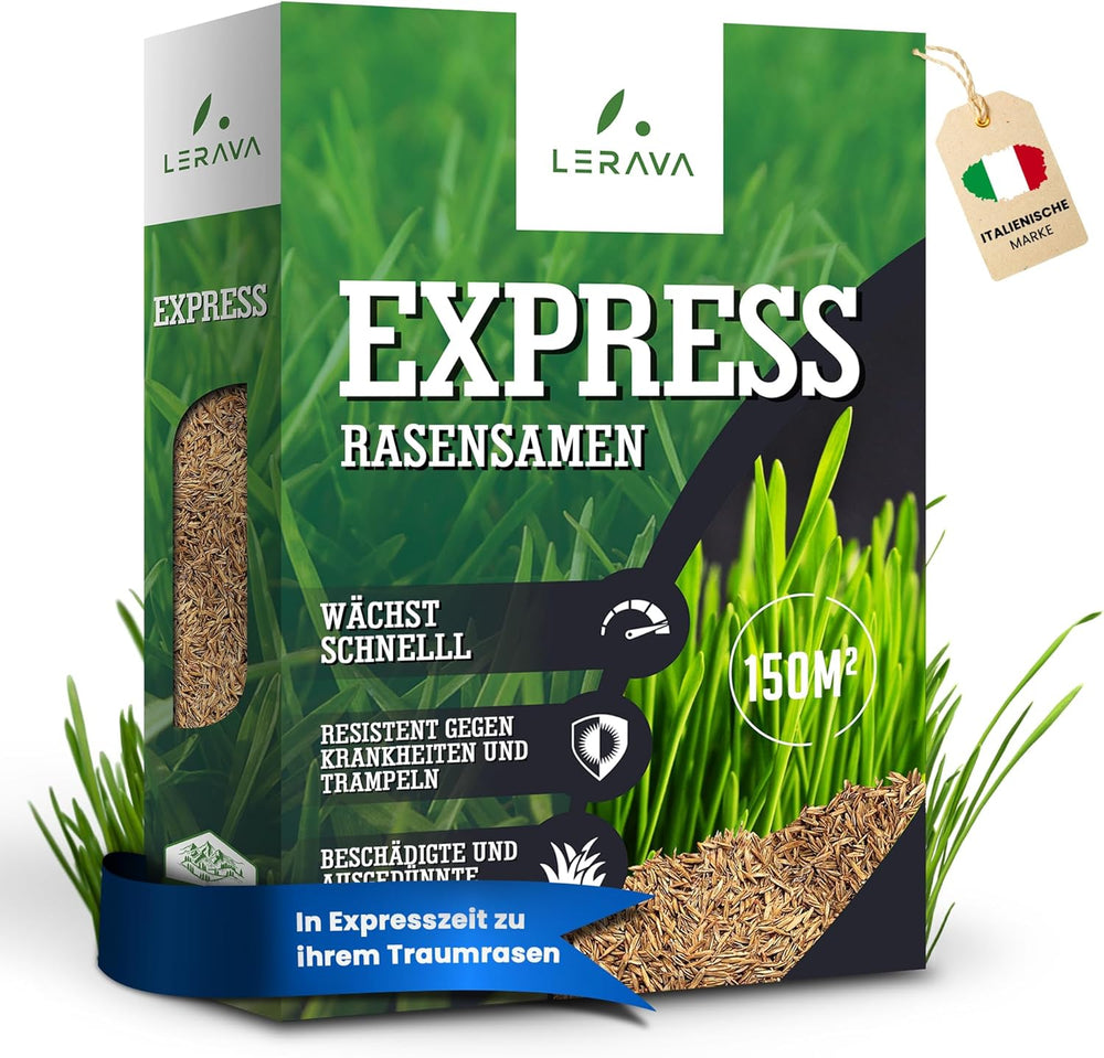 LERAVA® EXPRESS Rasensamen Schnellkeimend Frühjahr (30M²) - Premium Samen Für Trockenrasen & Schattenrasen - Rasensamen Nachsaat Für Lückenlosen Rasen - Grassamen Schnellkeimend - Rasensaat Turbo -