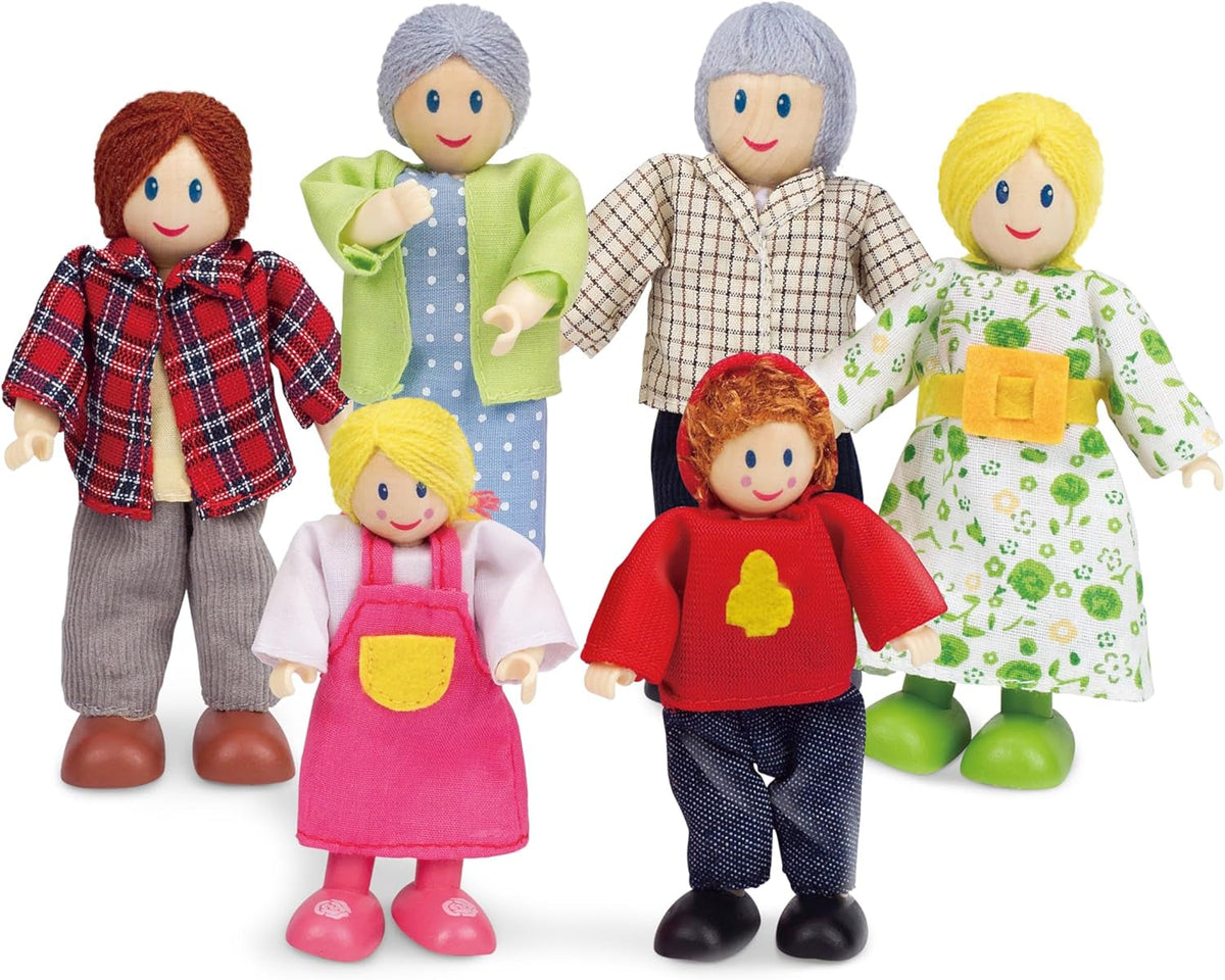 Hape Puppenfamilie Preisgekröntes Puppenfamilien-Set, einzigartiges Zubehör für Puppenhäuser aus Holz, Fantasie-Spiel, 6 Puppenfamilien-Mitglieder, für Kinder ab 3 Jahren