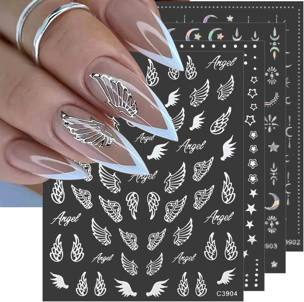 8 feuilles d'autocollants pour ongles dorés, lune et étoiles, ailes d'ange, autocollants pour ongles dorés, feuilles d'étoiles, autocollants pour ongles, accessoires de conception d'ongles, autocollants pour ongles