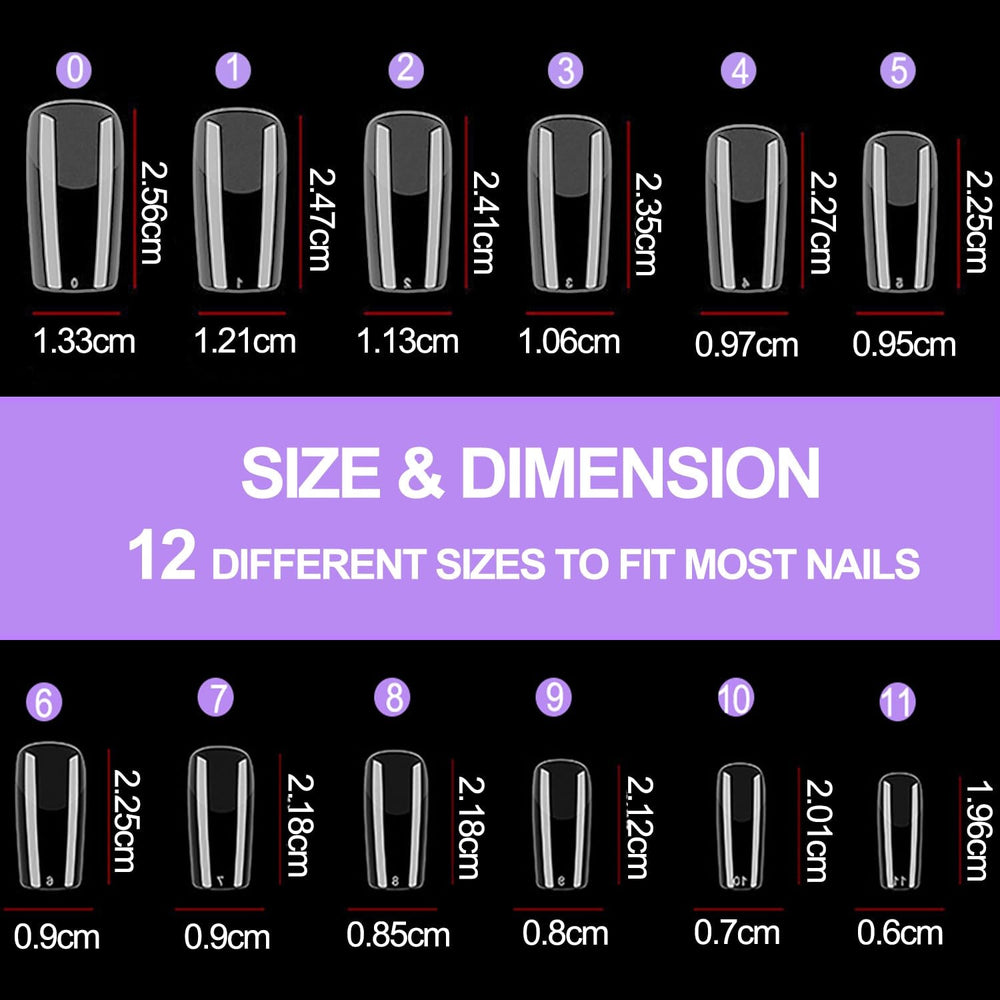 Lot de 504 faux ongles à couverture complète, 12 tailles, avec colle à ongles, ongles artificiels en acrylique avec boîte de rangement pour salons de manucure et bricolage à domicile (carré)