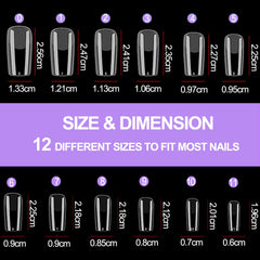 Lot de 504 faux ongles à couverture complète, 12 tailles, avec colle à ongles, ongles artificiels en acrylique avec boîte de rangement pour salons de manucure et bricolage à domicile (carré)