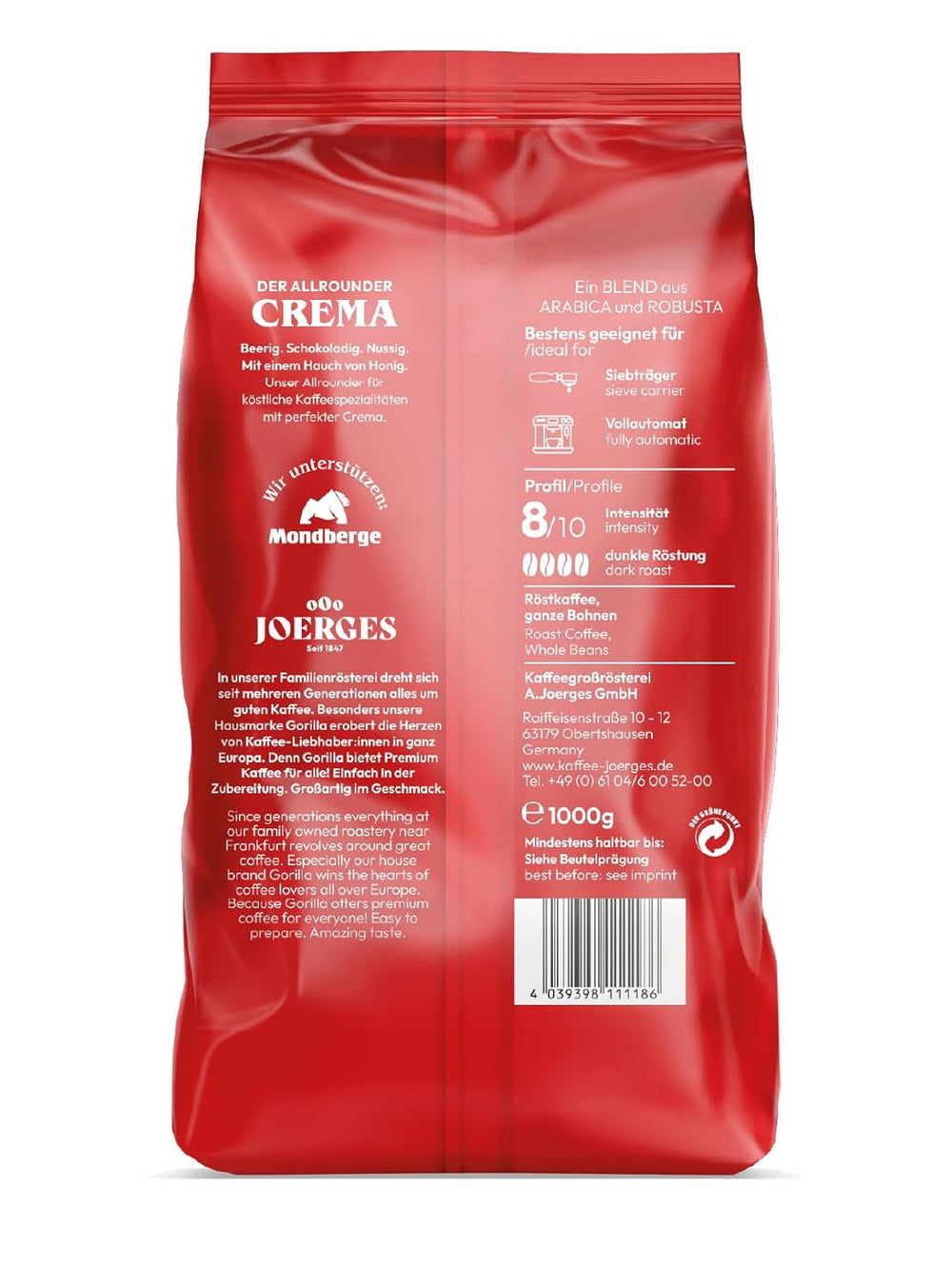 Joerges Super Bar Cream grains de café 1 kg Goût corsé, arôme intense dans chaque tasse Café Naty Shop