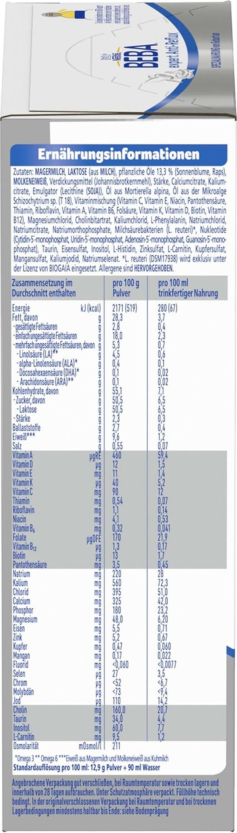 BEBA expert Anti-Reflux - AR Formule spéciale dès la naissance, pour augmenter les éructations et les vomissements, nourriture pour bébé, lait en poudre pour bébé, 1 paquet (1 x 500 g)