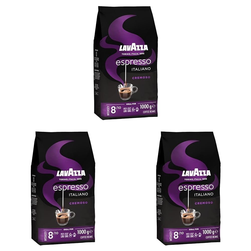 Lavazza Espresso, café en grains pour machines à expresso, saveur équilibrée et aromatique de fruits et de fleurs, café Arabica et Robusta 100% biologique Naty Shop 3 x 1 Kg Cremoso