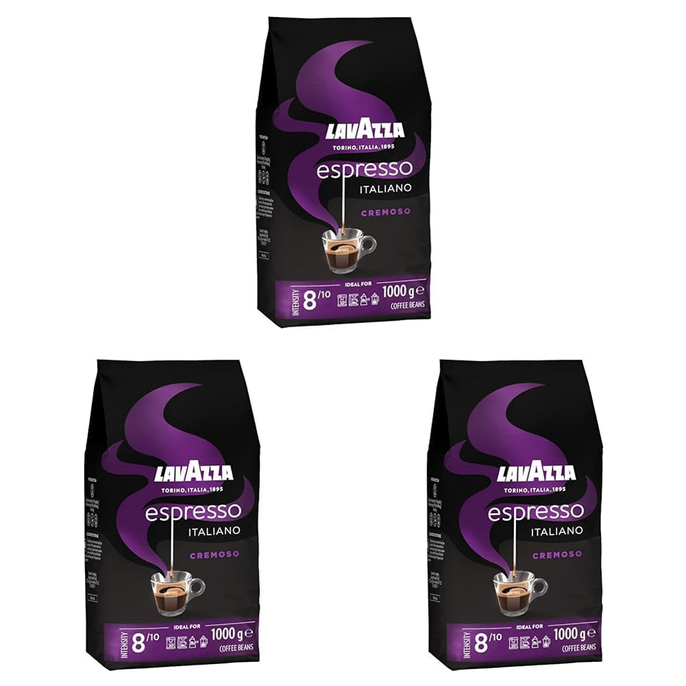 Lavazza Espresso, café en grains pour machines à expresso, saveur équilibrée et aromatique de fruits et de fleurs, café Arabica et Robusta 100% biologique Naty Shop 3 x 1 Kg Cremoso