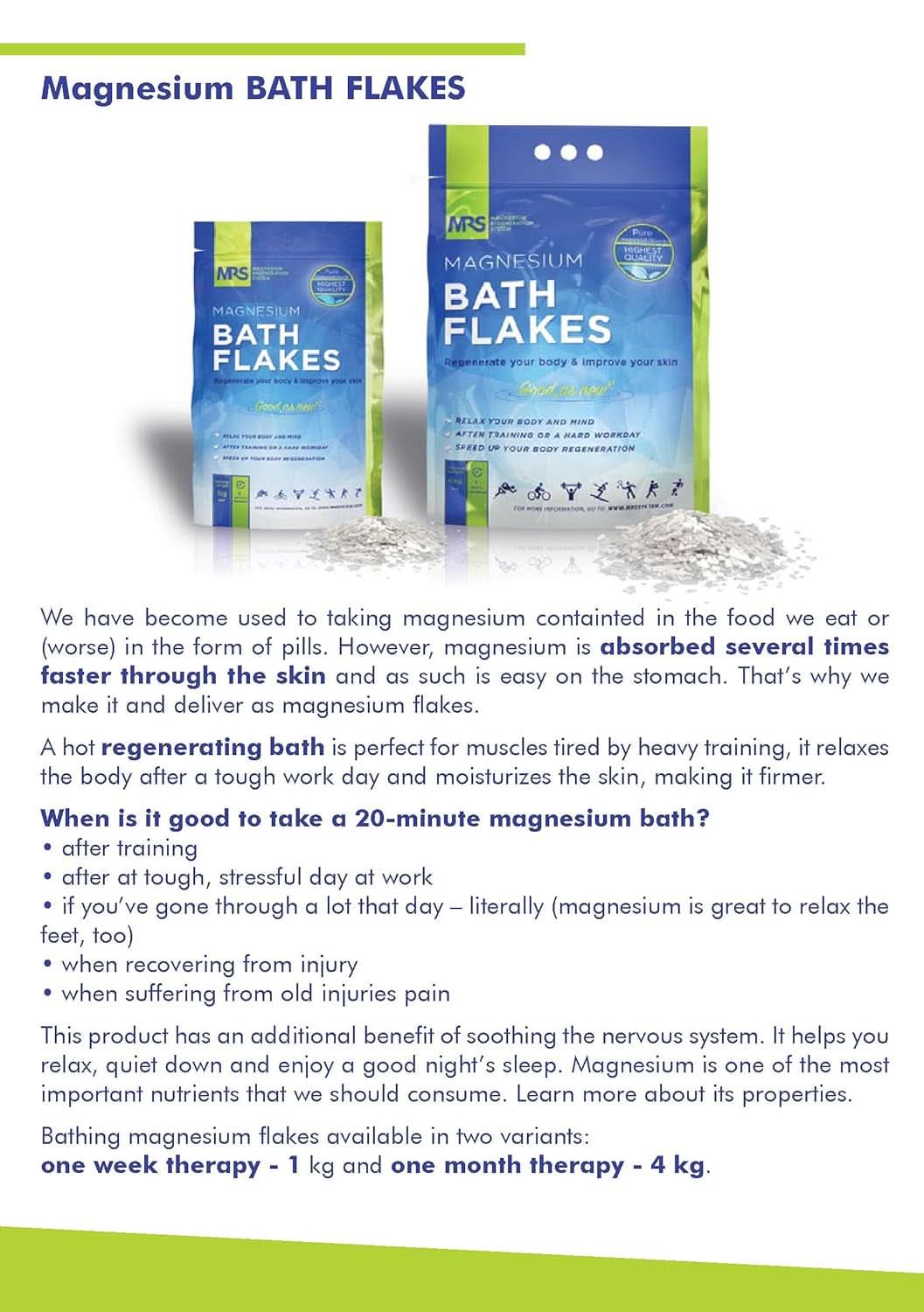 MRS Flocons de chlorure de magnésium 100% naturel - sels de bain idéaux pour un bain de pieds, un bain complet et contre les carences en magnésium - 4 Kg Douche et Bain Naty Shop