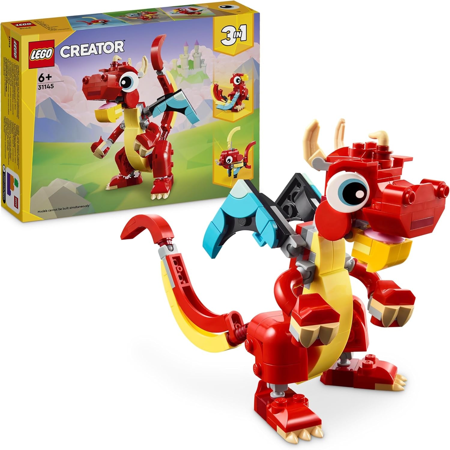 LEGO Creator 31145 Jouet dragon rouge 3 en 1 avec figurine de poisson et modèle d'oiseau phénix, ensemble de figurines d'animaux, cadeaux pour garçons, filles et enfants de 6 ans et plus 31145