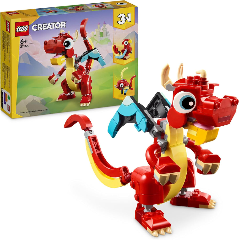 LEGO Creator 31145 Jouet dragon rouge 3 en 1 avec figurine de poisson et modèle d'oiseau phénix, ensemble de figurines d'animaux, cadeaux pour garçons, filles et enfants de 6 ans et plus 31145