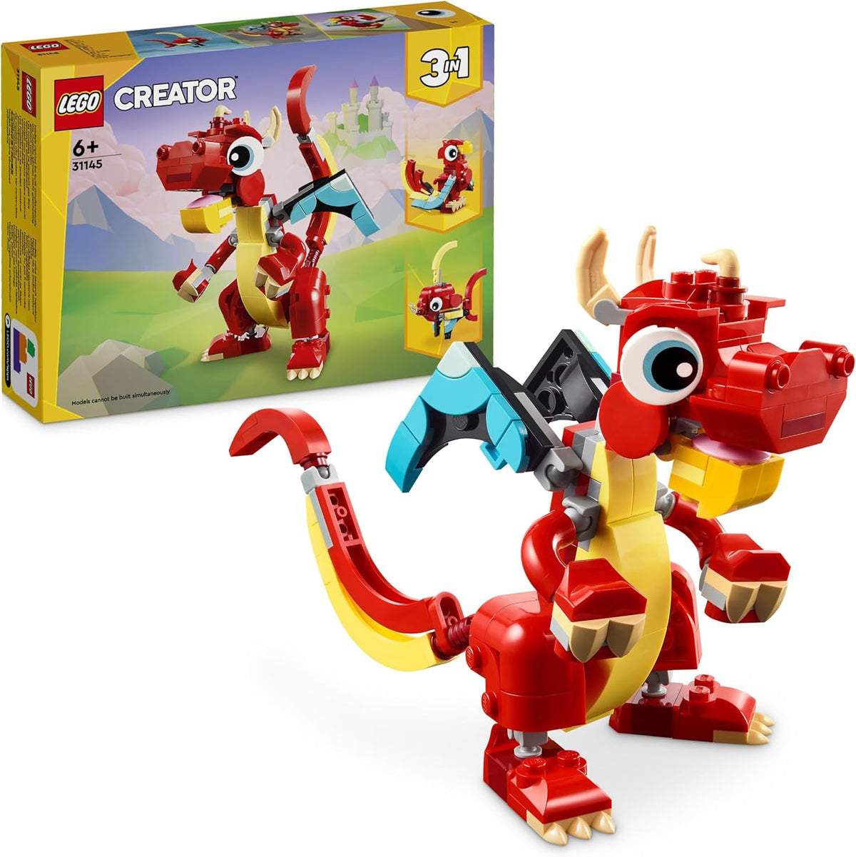 LEGO Creator 31145 Jouet dragon rouge 3 en 1 avec figurine de poisson et modèle d'oiseau phénix, ensemble de figurines d'animaux, cadeaux pour garçons, filles et enfants de 6 ans et plus 31145