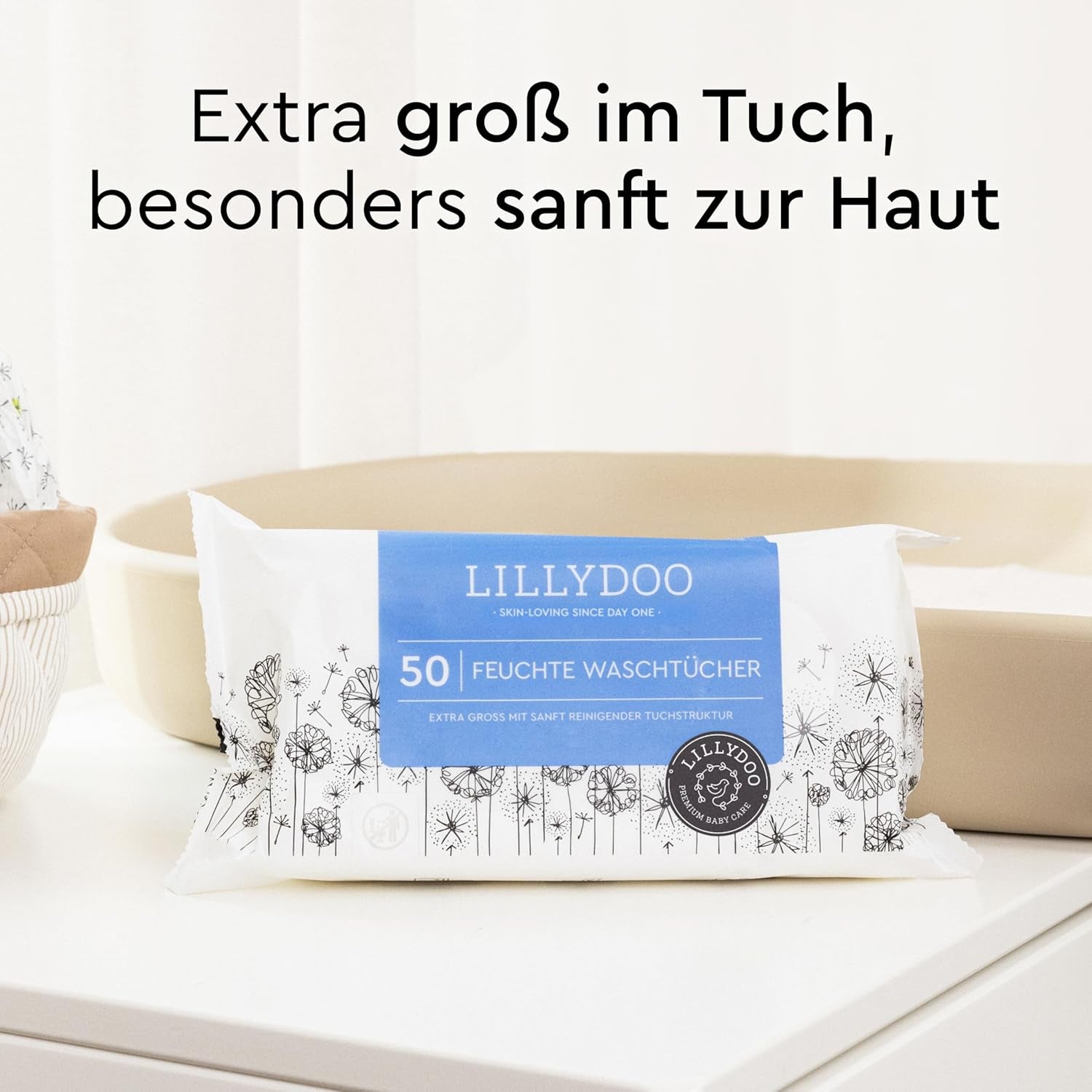 LILLYDOO Lingettes humides 50 pièces 100 % sans plastique, très grandes lingettes, non parfumées