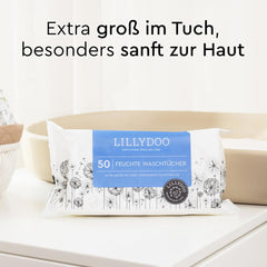 LILLYDOO Lingettes humides 50 pièces 100 % sans plastique, très grandes lingettes, non parfumées