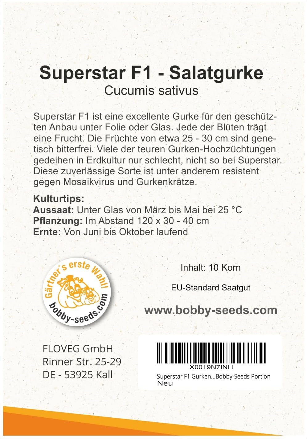Superstar F1 Gurkensamen Von Bobby-Seeds Portion
