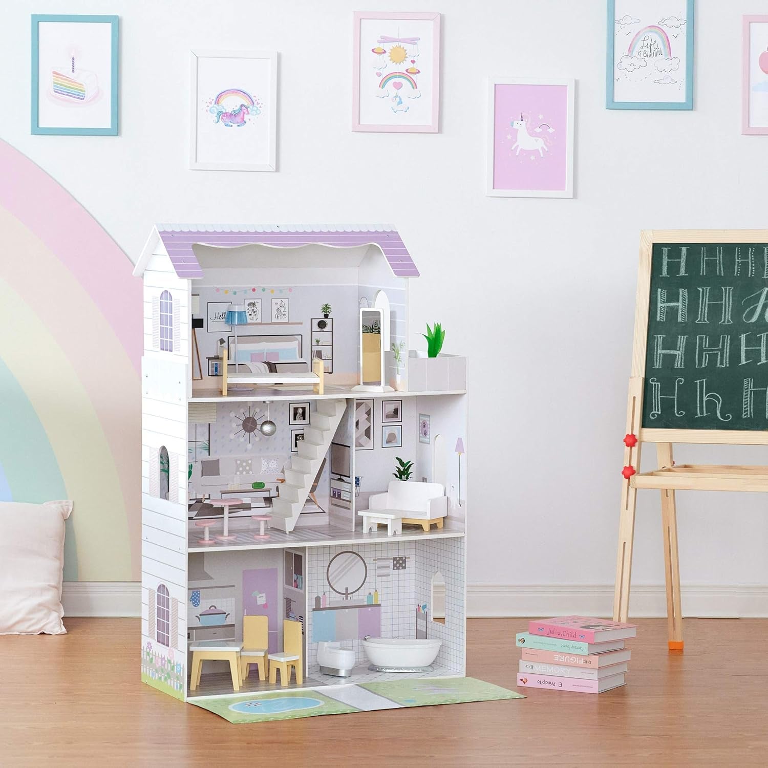 Teamson Kids Maison de poupée géante Olivia's Little World avec 16 accessoires de poupée, maison de poupée en bois avec meubles, 3 étages, maison de poupée 30 cm pour enfants, à partir de 3 ans