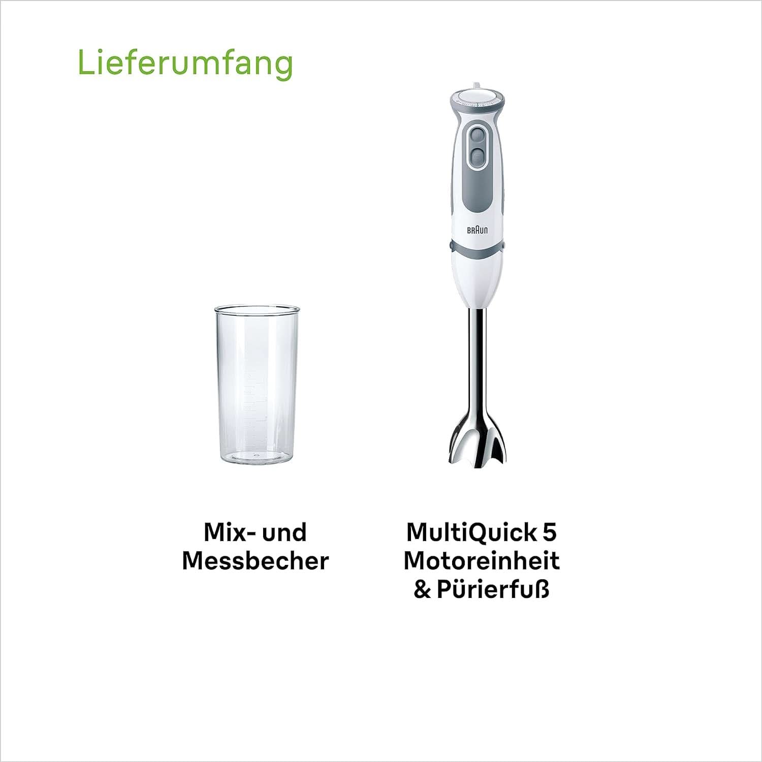 Braun Stabmixer MQ 5200WH - Multiquick 5 Vario Pürierstab Mit Edelstahl Mixfuß, 1000 Watt, Inkl. 600 Ml Mix- & Messbecher, Weiß/Grau Cuisine Naty Shop
