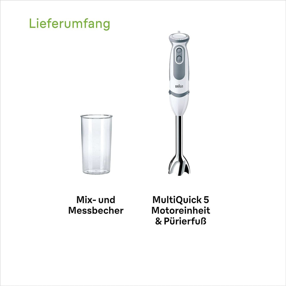 Braun Stabmixer MQ 5200WH - Multiquick 5 Vario Pürierstab Mit Edelstahl Mixfuß, 1000 Watt, Inkl. 600 Ml Mix- & Messbecher, Weiß/Grau Cuisine Naty Shop
