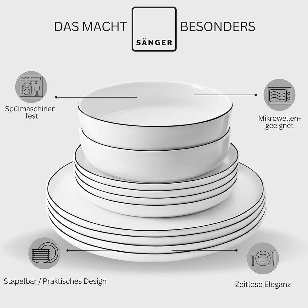 SANGER | Marlo Service de table à bords noirs et blancs, service de table 18 pièces en porcelaine pour 6 personnes, blanc avec accents noirs, assiettes plates, assiettes à dessert et bols, design moderne | LA COLLECTION PREMIUM