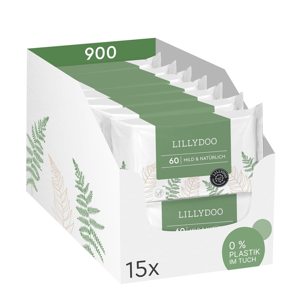 LILLYDOO Lingettes humides vertes, 600 unités (10 x 60), 100 % sans plastique, résistantes aux déchirures – Sans parfum, douces et naturelles, nettoyage doux pour les peaux sensibles, testées dermatologiquement