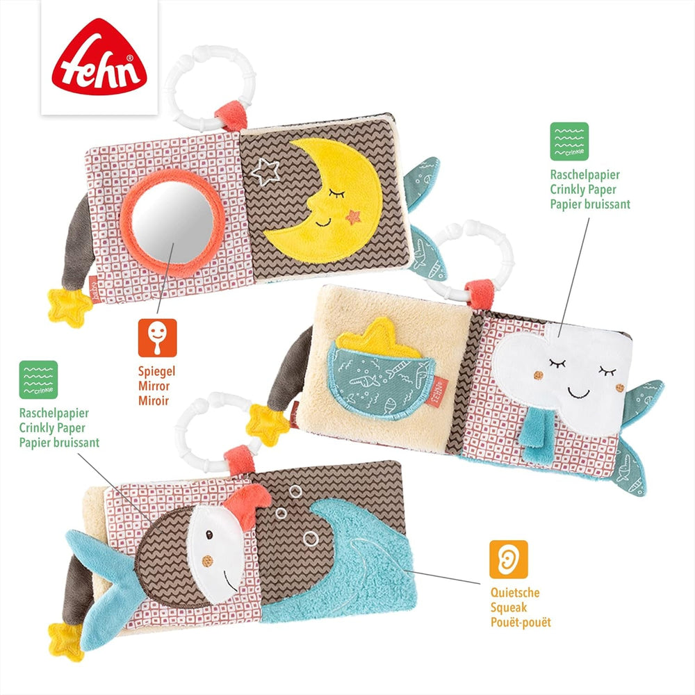 Fehn Play Glove Safari - Marionnettes à doigts pour bébé - Singe et éléphant pour saisir et faire des bruits - Livre d'images doux Bruno - Livre tactile pour enfants avec motifs d'animaux Jouets pour bébés Naty Shop