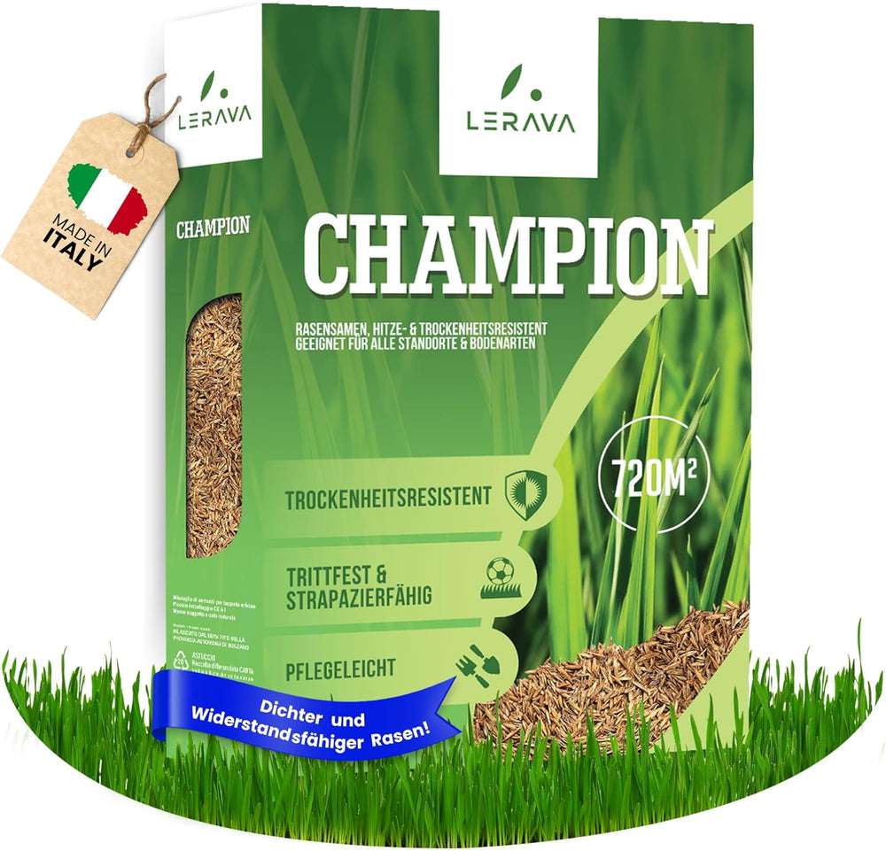 LERAVA CHAMPION Rasensamen (30 M²) - Trockenresistent & Trittfest - Schnellkeimender Grassamen Für Dichten Rasen - Strapazierfähige Nachsaat Herbst - Ideal Für Spiel- & Sportrasen