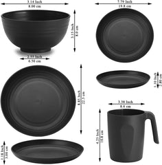 Berglander Service de table 24 pièces en plastique noir pour 6 assiettes et bols réutilisables comprenant des assiettes plates, des assiettes à dessert, des bols à céréales et des tasses pour la maison, le jardin et les pique-niques