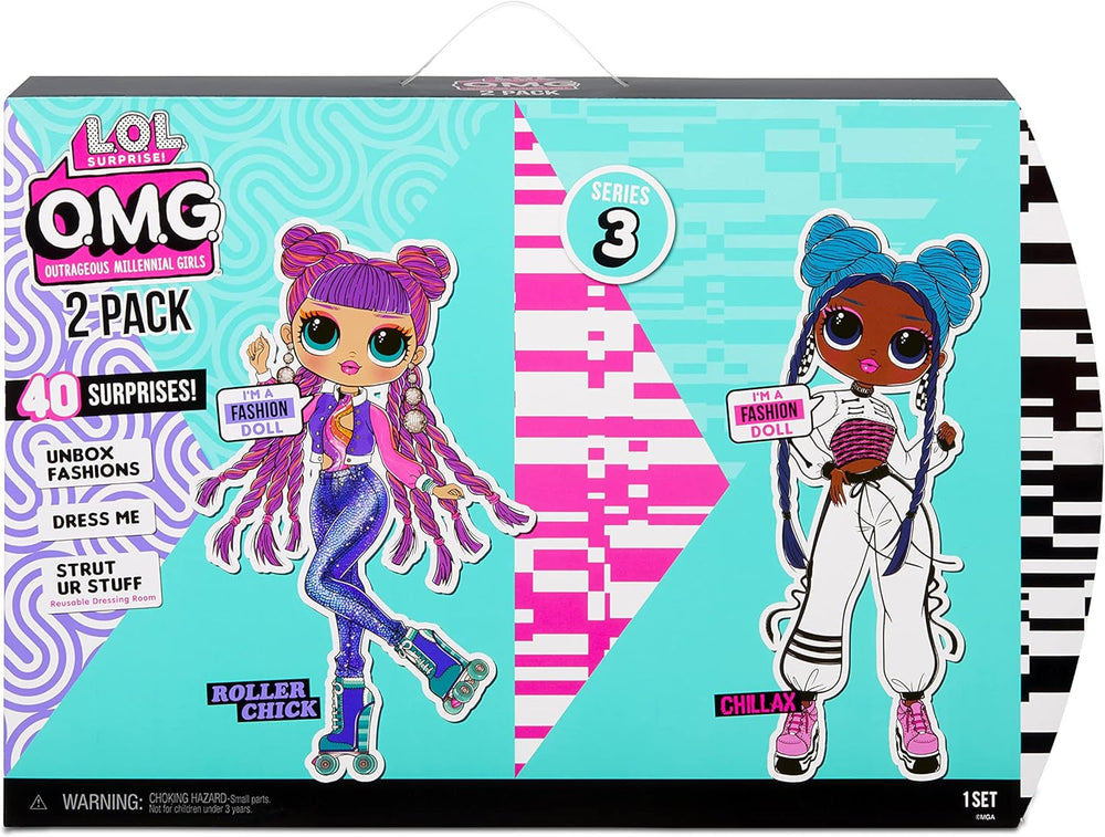 LOL Surprise OMG Fashion Doll 2er-Pack ROLLER CHICK & CHILLAX - Exklusive Puppen mit 40 Überraschungen inkl. Outfits und Accessoires - 2-in-1 Verpackungs-Spielset - Serie 3 - Für Kinder ab 4 Jahren