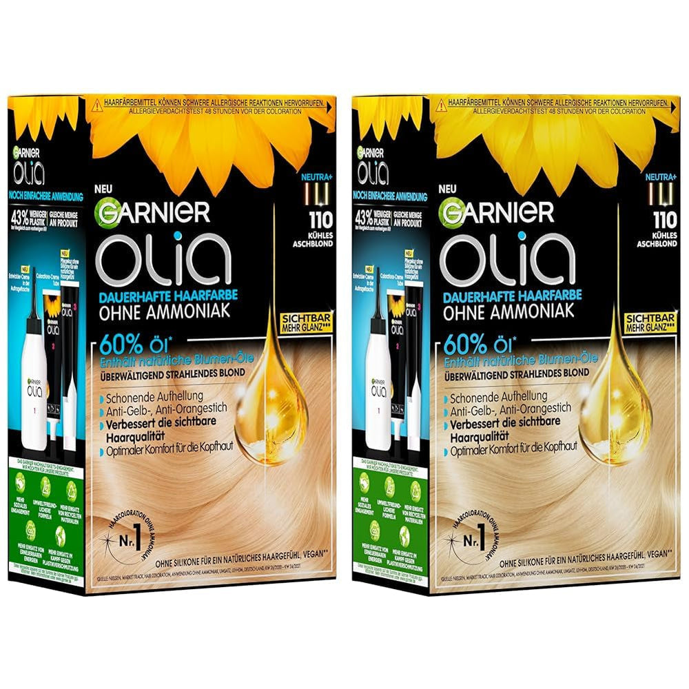 Garnier Olia 110 Cool Ash Blonde Coloration permanente sans ammoniaque avec des huiles naturelles nourrissantes Couverture complète Cheveux gris Couleur permanente 1 pièce (paquet de 2) Naty Shop Hair Color Default Title