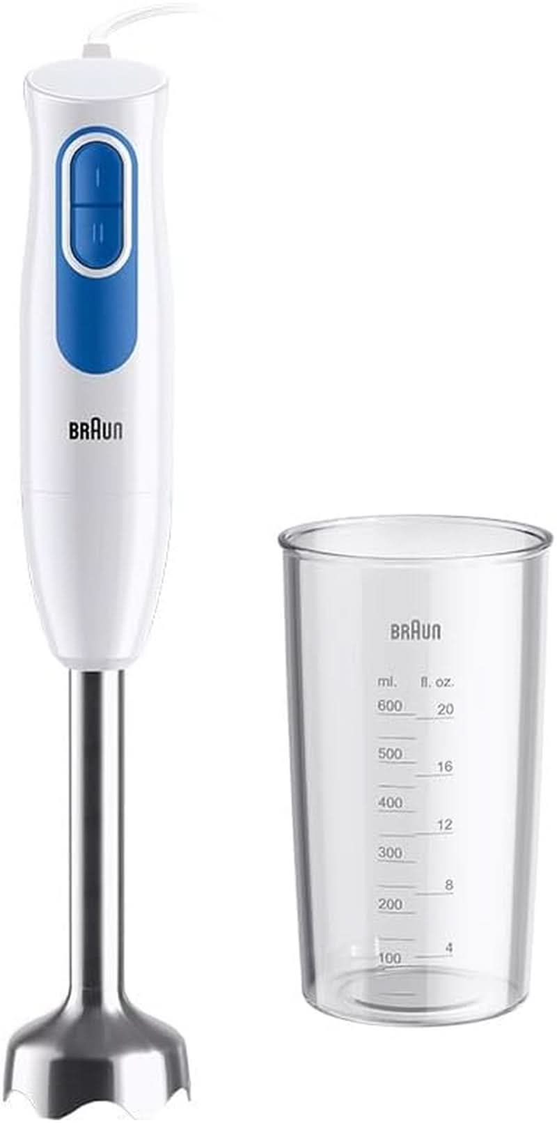 Braun Stabmixer MQ10.001M Multiquick 1 - Extra Light Pürierstab Mit Edelstahl-Mixfuß Und Easytwist System, Inkl. Mix- & Messbecher 600 ml, 450 watts, blanc mère et enfant Naty Shop Mq20.001M
