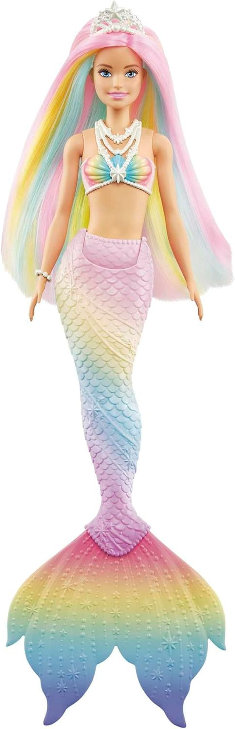Barbie Dreamtopia Rainbow Magic Mermaid, Barbie Mermaid cu păr curcubeu, păpușă care își schimbă culoarea activată de apă, jucărie de la 3 ani, cadou pentru fete, GTF89 Papusi Naty Shop