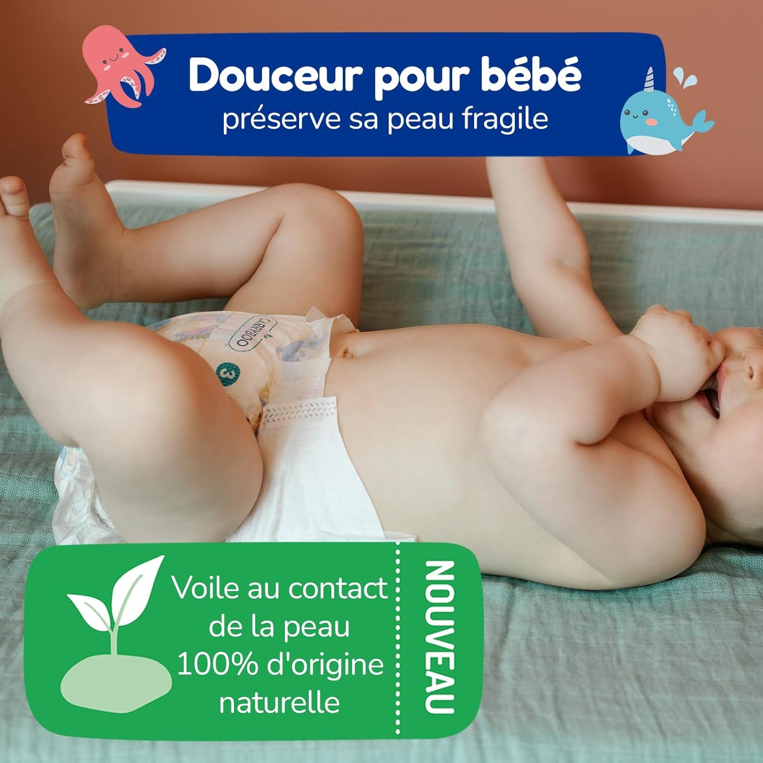 - Couche taille 4 (7 – 18 kg) – pour peaux sensibles – naturelle et très absorbante – étanche 12 heures – ohne unerwünschte Inhaltsstoffe – fabriquée en France – 132 couches