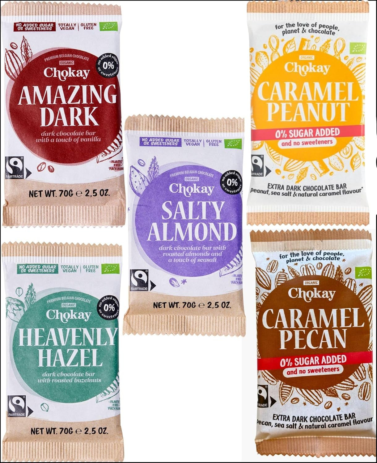 Barre biologique - Ensemble d'échantillons de 4 pièces/Amazing Black, Noisette, Pecan Caramel, Amande salée/Sans sucre ajouté, sans édulcorants/VÉGAN, SANS GLUTEN ET COMMERCE ÉQUITABLE / 4 x 70g