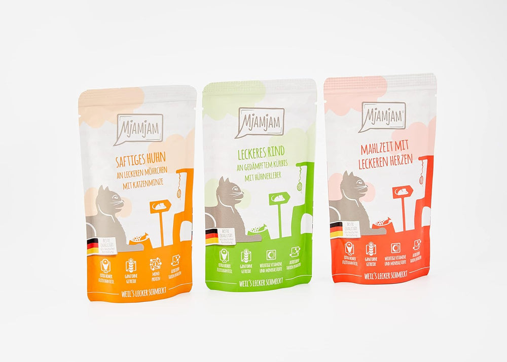 MjAMjAM - Hrană umedă premium pentru pisici - Pachet mixt I - Pui, Vită, Inimi, pachet de 12 (12 x 125 g), fără cereale cu carne suplimentară