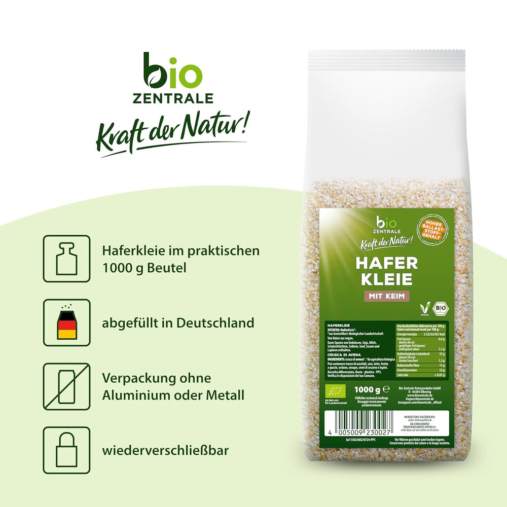 Tărâțe de ovăz organice biozentrale 1 kg | Pachet avantajos | Sursă de proteine bogată în fibre | Natural vegan | Din agricultura UE | Conținut scăzut de zahăr