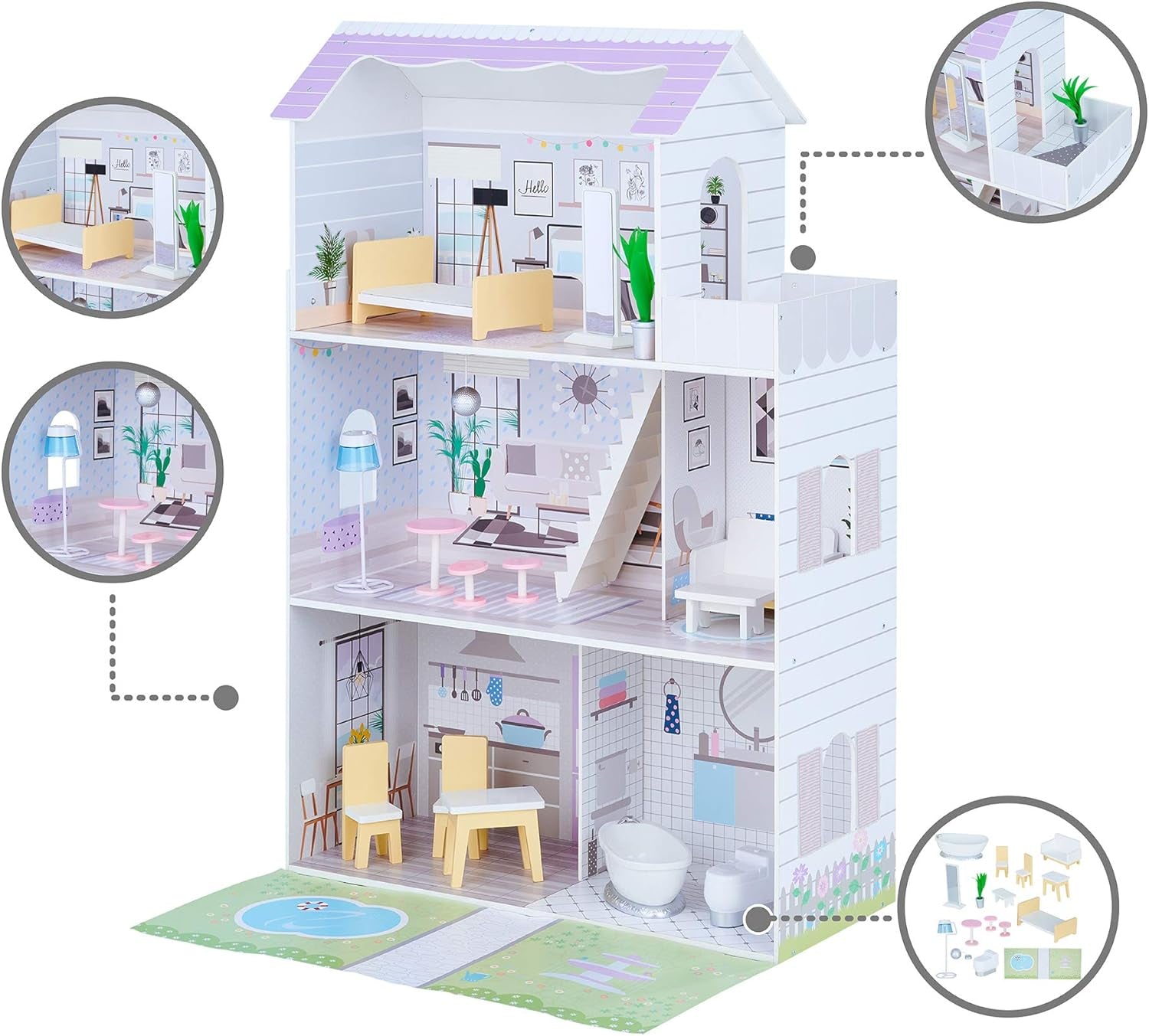 Teamson Kids Maison de poupée géante Olivia's Little World avec 16 accessoires de poupée, maison de poupée en bois avec meubles, 3 étages, maison de poupée 30 cm pour enfants, à partir de 3 ans