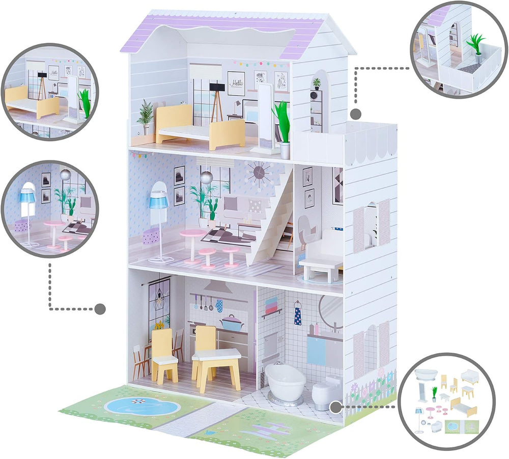 Teamson Kids Maison de poupée géante Olivia's Little World avec 16 accessoires de poupée, maison de poupée en bois avec meubles, 3 étages, maison de poupée 30 cm pour enfants, à partir de 3 ans