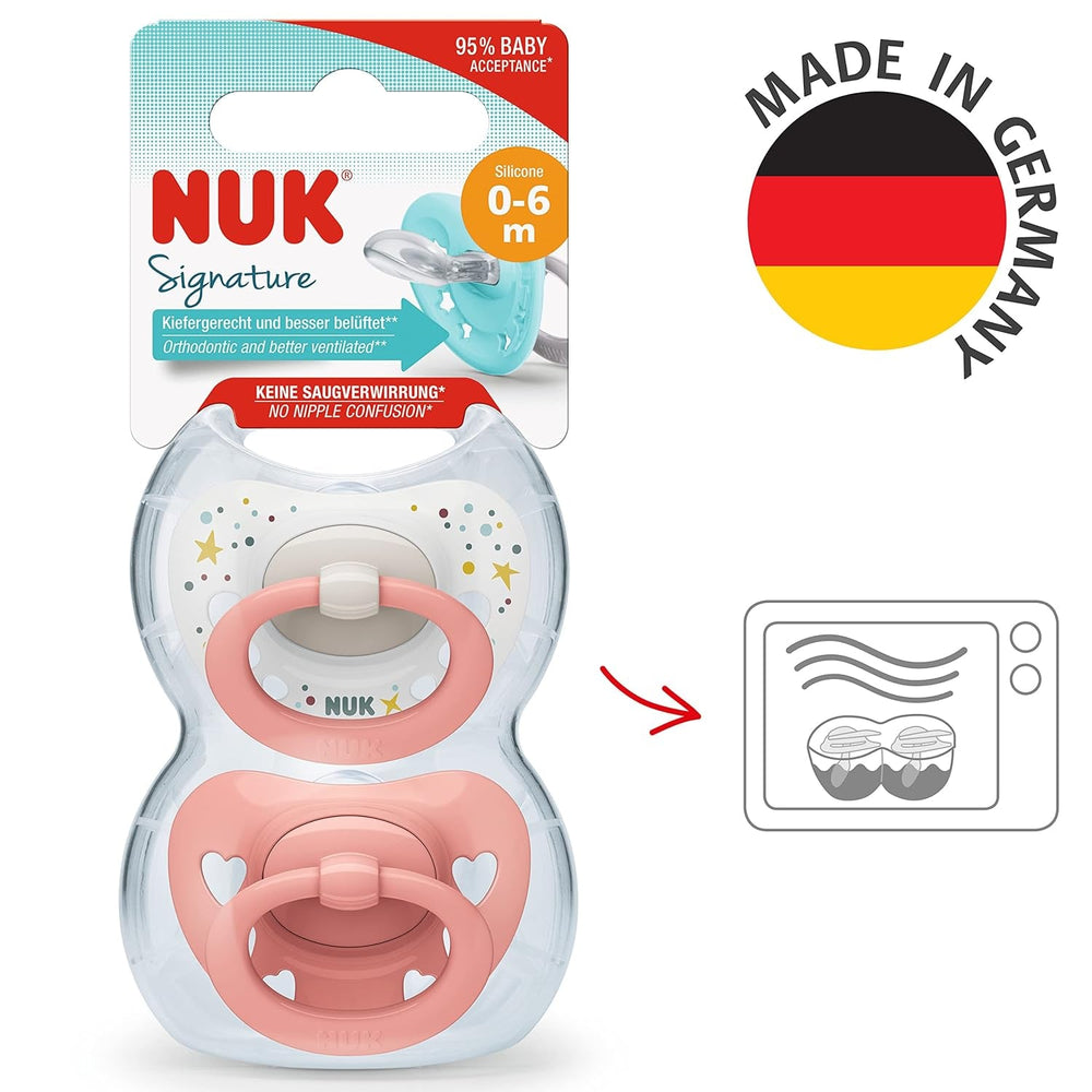 Sucettes NUK Signature pour bébés | 0-6 mois | Calme 95 % des bébés | Sucettes en silicone en forme de cœur sans BPA | Avec couvercle | Coeurs roses | Paquet de 2
