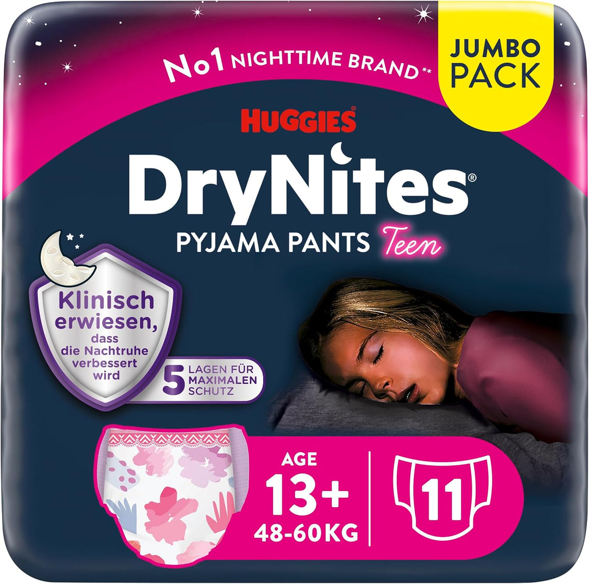 Huggies DryNites Couches d'énurésie nocturne pour filles de 13 à environ 17 ans (48-60 kg) 33 pièces (3 x 11) Pack mensuel Jumbo Couches XL